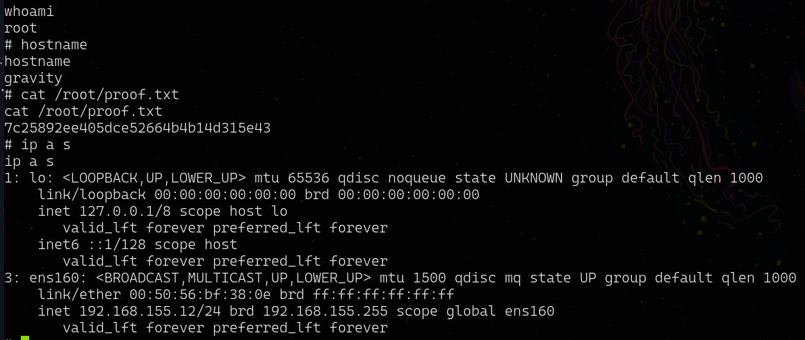 Root proof — whoami, hostname, and /root/proof.txt