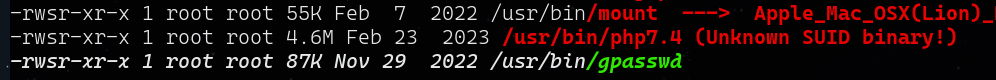 SUID scan flagging /usr/bin/php7.4 as an unknown SUID binary
