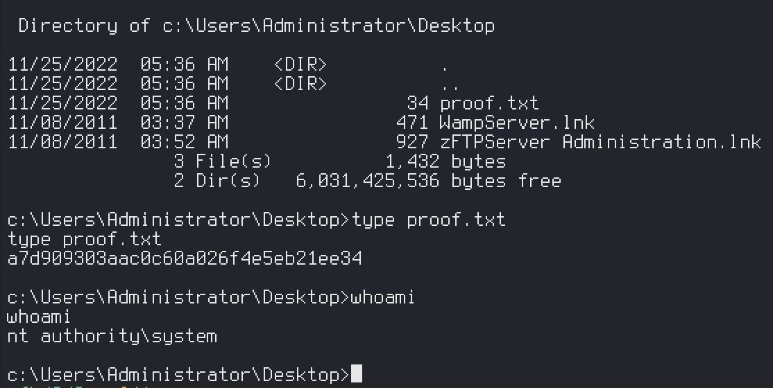 Directory of Administrator’s Desktop, type proof.txt, and whoami returning nt authority\system