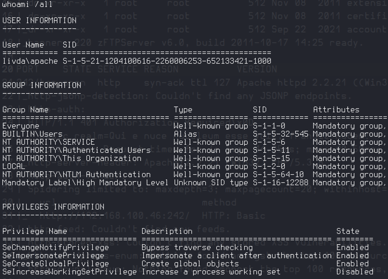 whoami /all showing the apache service account holds SeImpersonatePrivilege