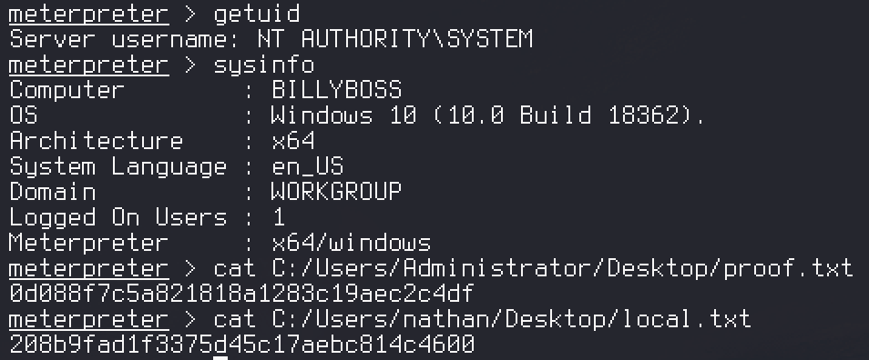 Meterpreter as NT AUTHORITY\SYSTEM on BILLYBOSS, reading proof.txt and local.txt