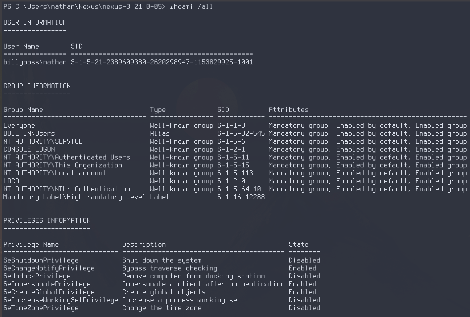 whoami /all as billyboss\nathan showing SeImpersonatePrivilege enabled