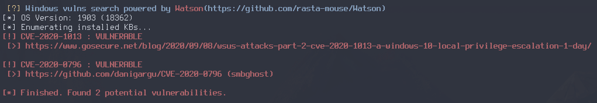 Watson output flagging CVE-2020-1013 (WSUS) and CVE-2020-0796 (SMBGhost) as VULNERABLE