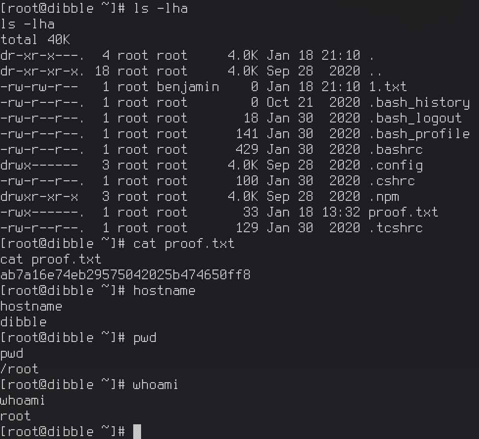Root shell — proof.txt and whoami confirming root
