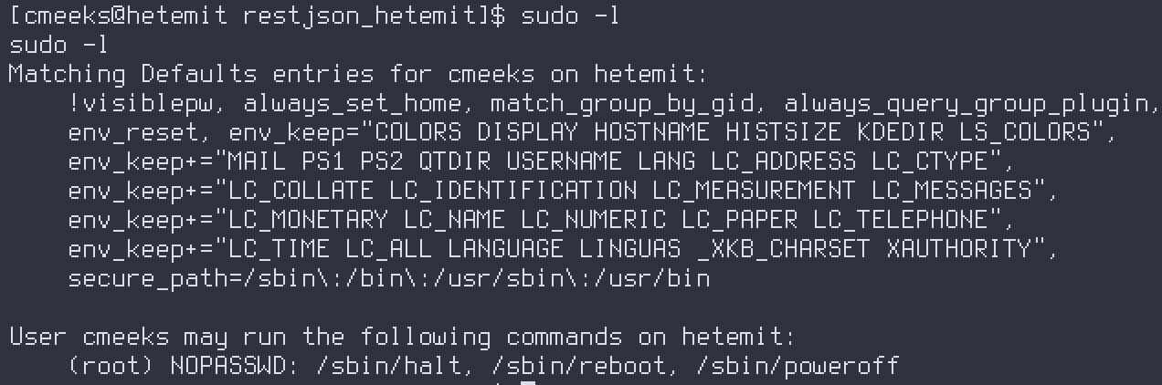 sudo -l — cmeeks may run /sbin/halt, /sbin/reboot, /sbin/poweroff as root with NOPASSWD