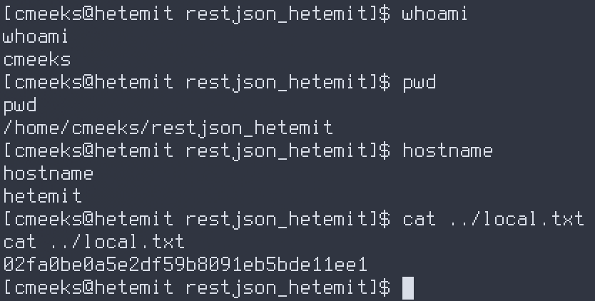 User shell as cmeeks — whoami, hostname hetemit, and local.txt