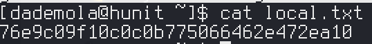 dademola cat local.txt showing the user flag hash