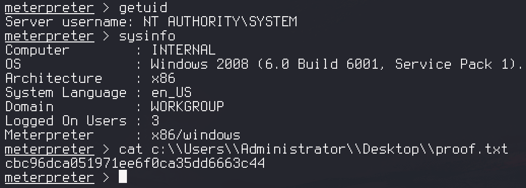 getuid returning NT AUTHORITY\SYSTEM, sysinfo, and the proof flag
