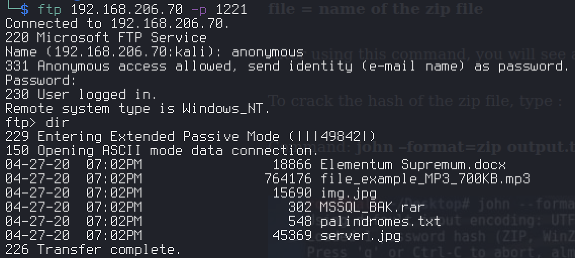 Anonymous FTP login on port 1221 listing MSSQL_BAK.rar and other files
