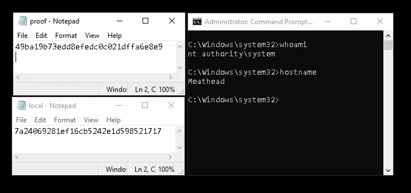 Proof: whoami returns nt authority\system with local.txt and proof.txt open
