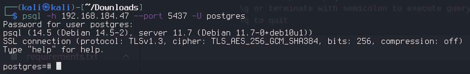 psql login to PostgreSQL 11.7 on port 5437 with default postgres:postgres credentials