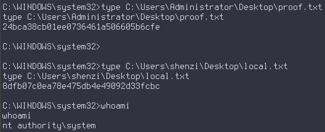 SYSTEM proof — root proof.txt, shenzi local.txt, and whoami returning nt authority\system