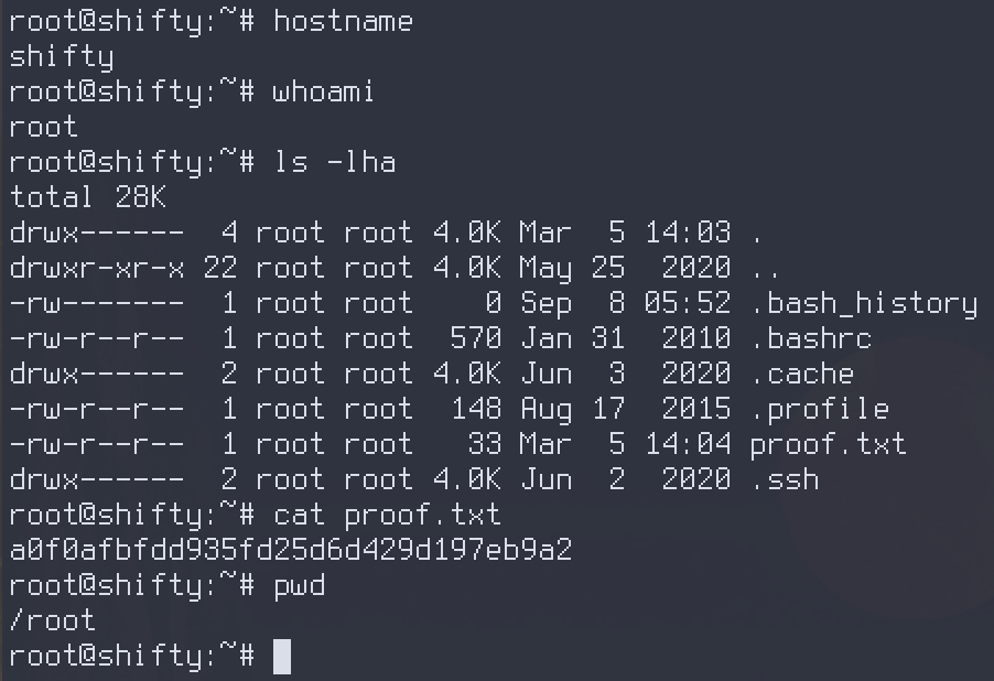 Root proof — hostname shifty, whoami root, and /root/proof.txt