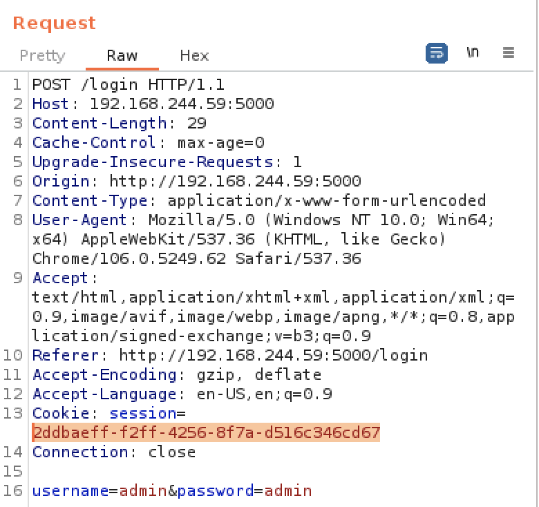 Burp login request showing the session cookie and admin/admin credentials