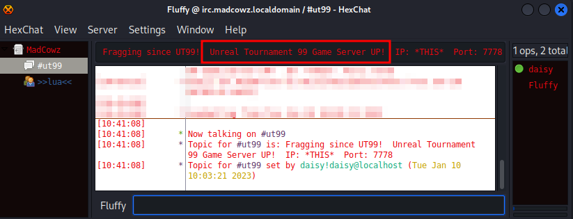 HexChat connected to #ut99 — topic advertises “Unreal Tournament 99 Game Server UP! Port: 7778”