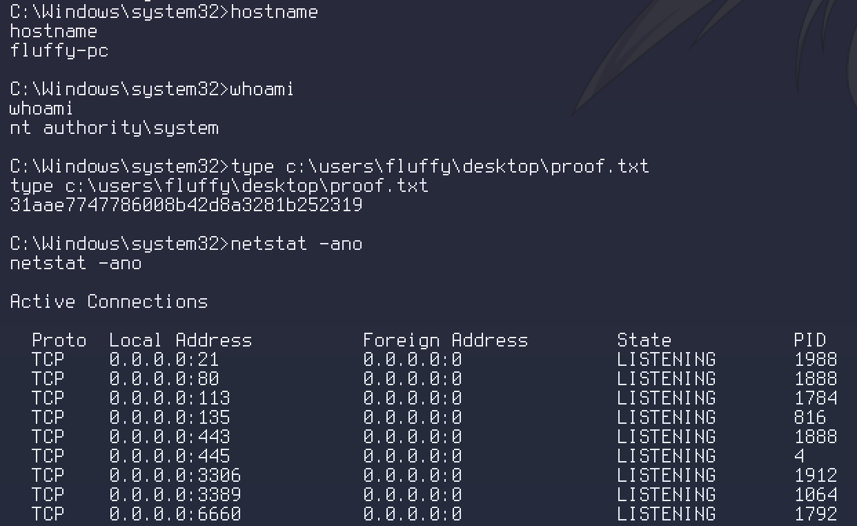 Root proof — hostname fluffy-pc, whoami nt authority\system, and proof.txt