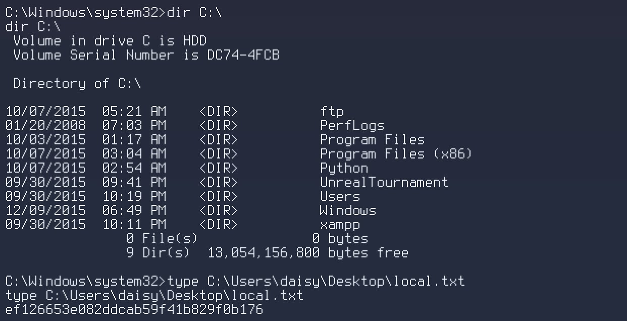 User flag — dir C:\ and local.txt from daisy’s desktop