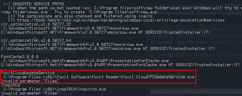 WinPEAS flagging FoxitCloudUpdateService with an unquoted binary path