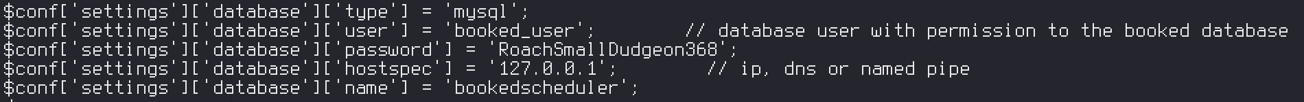Booked config.php exposing the MySQL credentials